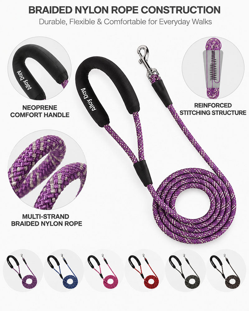 Braided nylon rope dog leash with a padded neoprene handle, reinforced stitching and metal snap hook details.