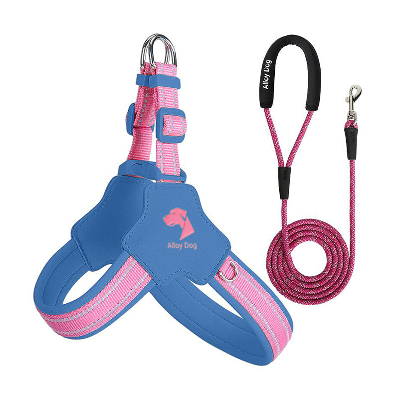 Aqua Blue and Candy Pink mesh dog harness set with a matching braided nylon rope leash and padded handle.