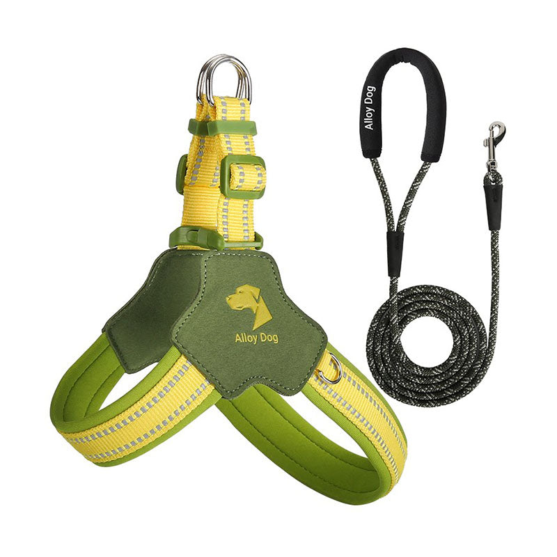 Lemon Yellow and Sage Green mesh dog harness set with a matching braided nylon rope leash and padded handle.