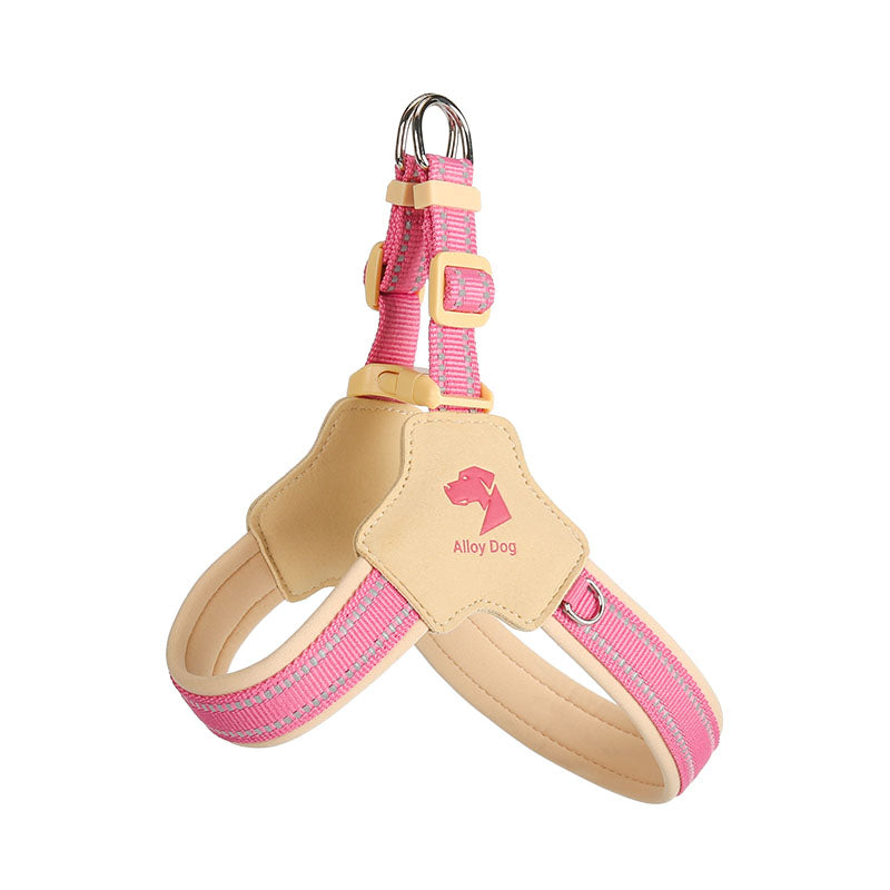 Candy Pink and Beige step-in mesh dog harness with reflective trim and adjustable straps.