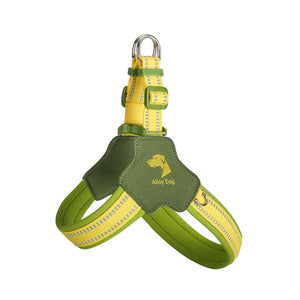 Lemon Yellow and Sage Green step-in mesh dog harness with reflective trim and adjustable straps.