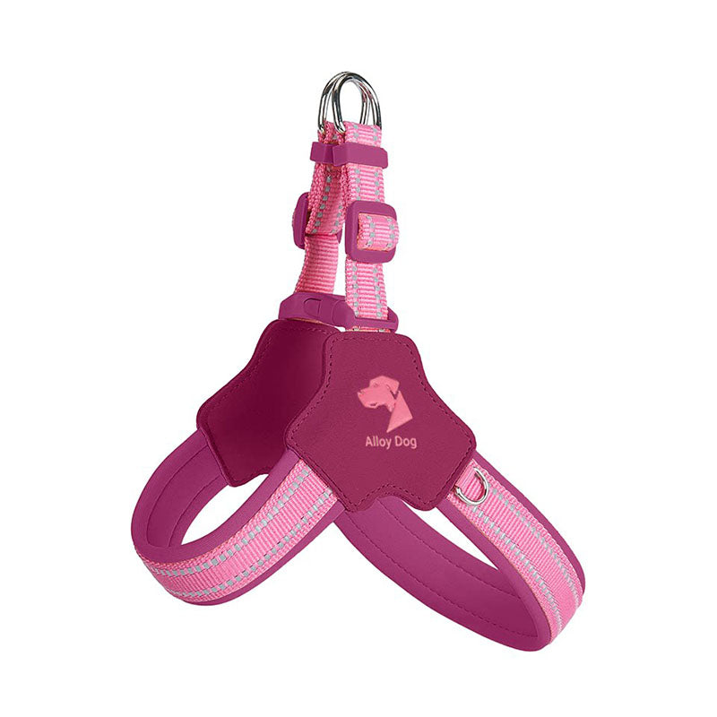 Raspberry Pink and Candy Pink step-in mesh dog harness with reflective trim and adjustable straps.