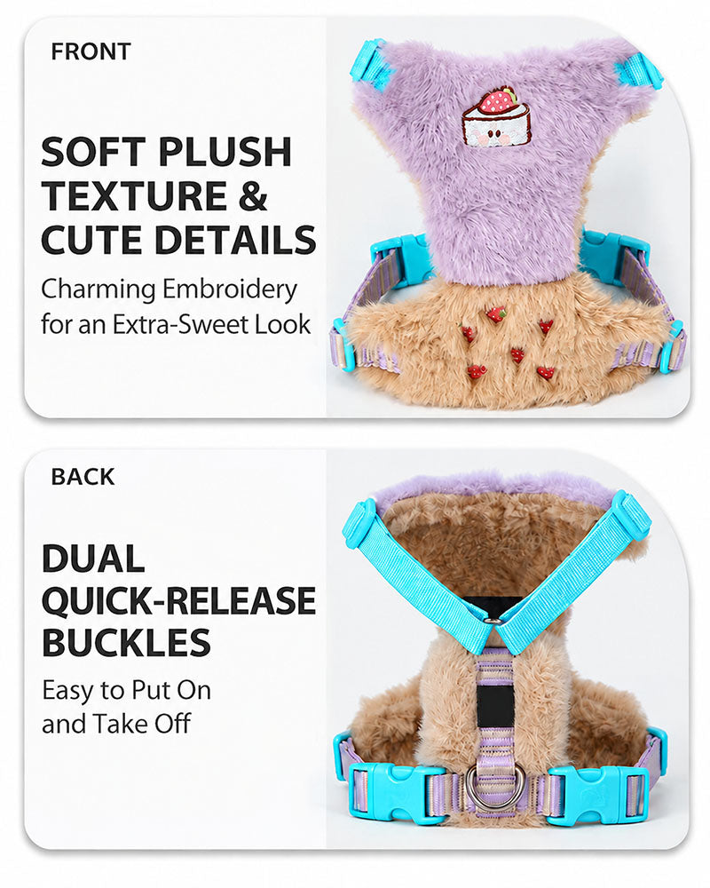 Front and back views of a Dusty Lilac plush vest harness with dual quick-release buckles