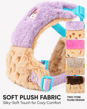 Close-up of soft two-tone plush fabric on a vest dog harness with color variant swatches