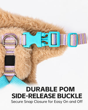Close-up of durable POM side-release buckle and D-ring on a plush vest dog harness