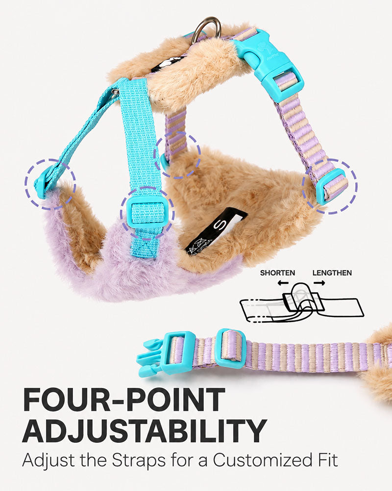 Plush vest dog harness showing four adjustable strap points for a customized fit