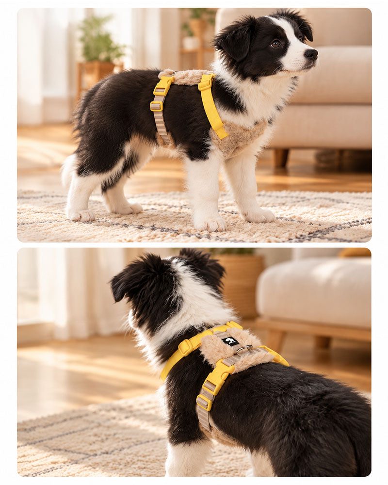 Black and white puppy wearing a Khaki and Beige plush vest harness from side and back views