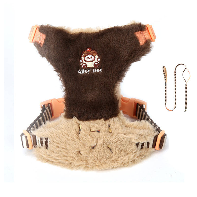 Chocolate Brown and Beige plush vest dog harness with matching striped leash and embroidered detail
