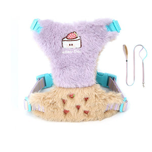 Dusty Lilac and Beige plush vest dog harness with matching leash and strawberry embroidery