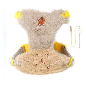 Khaki and Beige plush vest dog harness with matching leash and gingerbread embroidery