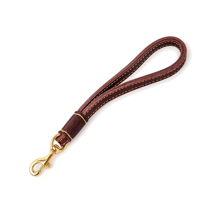 Double-layer full-grain leather traffic dog leash, 12.6 in (32 cm) length, with solid brass snap hook
