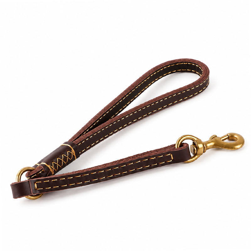 Double-layer full-grain leather traffic dog leash in the 17.7 in (45 cm) length with yellow stitching