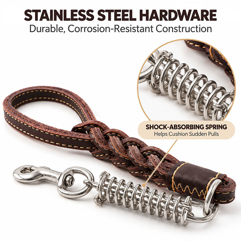 Stainless steel shock-absorbing spring and snap hook on a braided full-grain leather dog leash