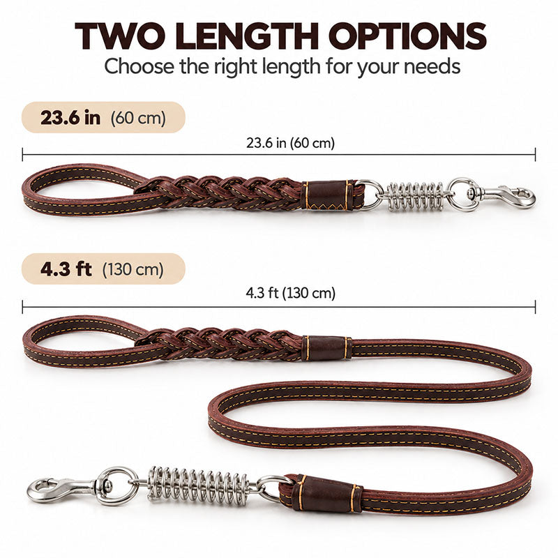Leather dog leash with spring shown in two lengths, 23.6 in (60 cm) and 4.3 ft (1.3 m), with measurement lines