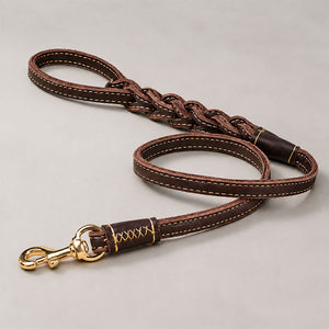 Braided full-grain leather dog leash coiled on a grey backdrop showing the woven handle section