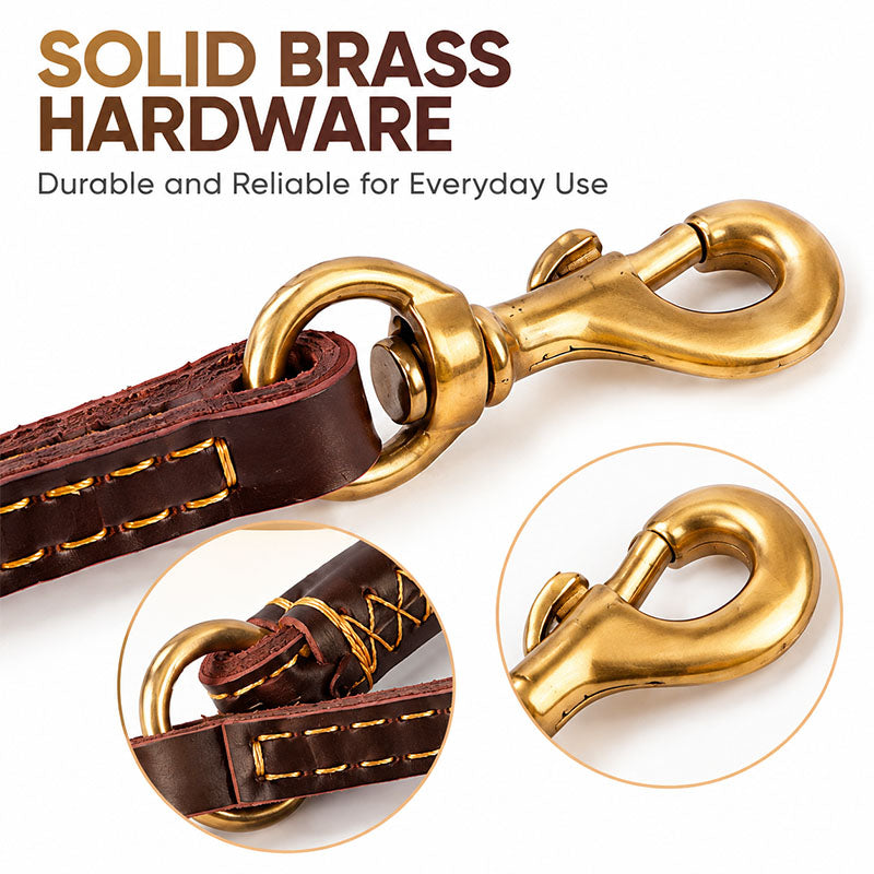 Solid brass snap hook and swivel on a braided full-grain leather dog leash, with close-up insets