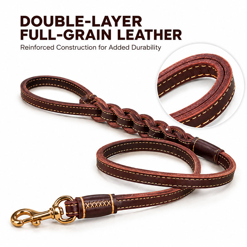 Double-layer full-grain leather braided dog leash with close-up of reinforced stitched edge