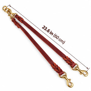 Two-way leather dog leash coupler measuring 23.6 in (60 cm) from swivel to snap hooks
