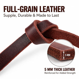 Close-up of knotted 5 mm thick full-grain leather used on the dog leash coupler