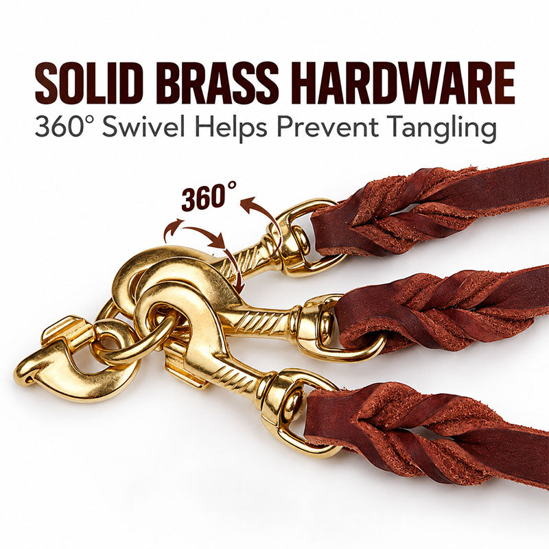 Solid brass 360° swivel snaps joining a 3-way full-grain leather dog leash coupler
