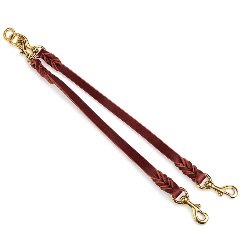 Full-grain leather dog leash coupler for 2 Dogs with braided ends and solid brass snaps