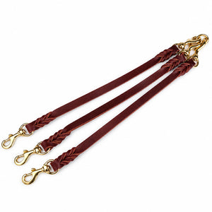 3 Dogs full-grain leather leash coupler with three braided leads and solid brass snap hooks