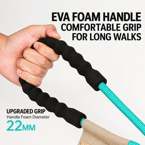 Close-up of cushioned EVA foam handle on a turquoise rope dog leash