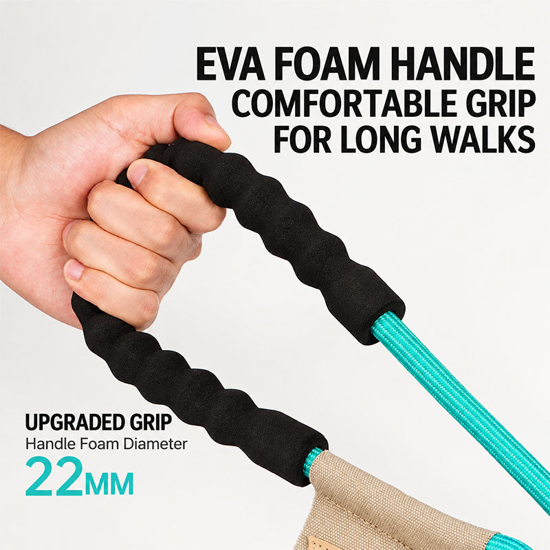 Close-up of cushioned EVA foam handle on a turquoise rope dog leash