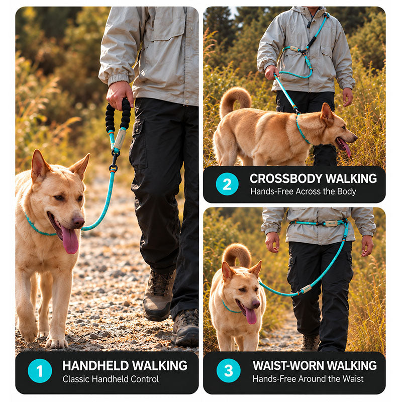 Multifunctional dog leash shown in handheld, crossbody and waist-worn walking styles
