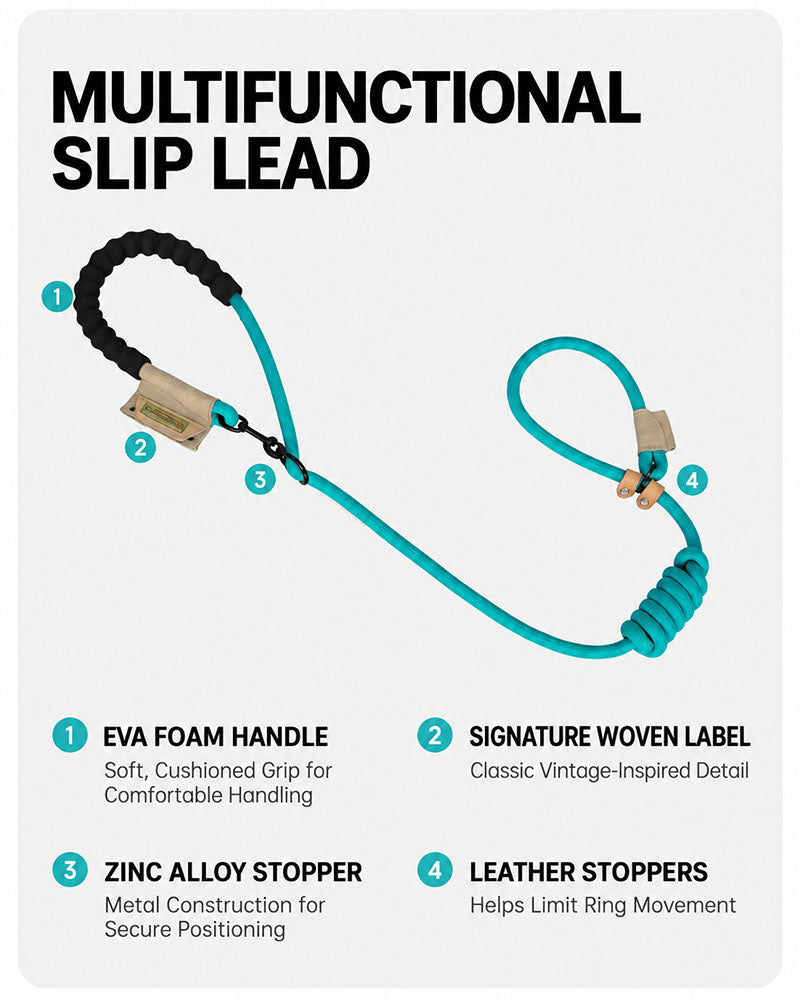 Multifunctional slip lead with EVA foam handle, metal clip, woven label and leather stoppers