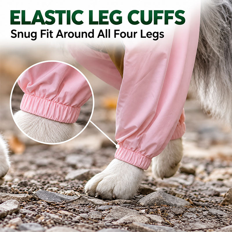 Close-up of the elastic leg cuffs on the dog raincoat fitting snugly around the paws