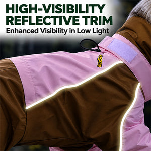 Reflective trim on the Pink / Brown dog raincoat shining in low light for better visibility