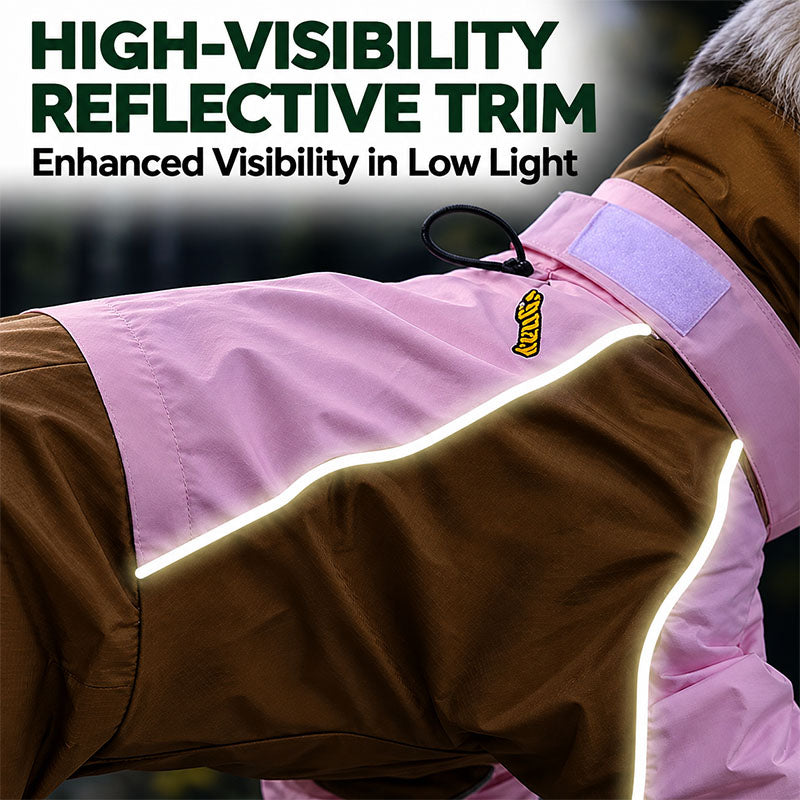 Reflective trim on the Pink / Brown dog raincoat shining in low light for better visibility