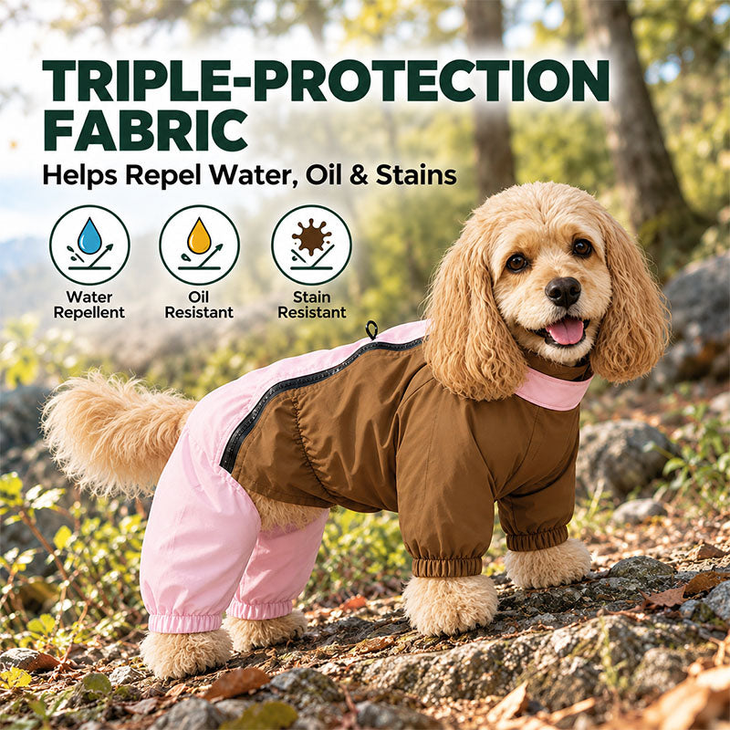 Cocker Spaniel wearing the Pink / Brown 4-leg dog raincoat on a rocky outdoor trail