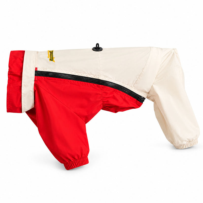 Convertible 4-leg waterproof dog raincoat in Cream / Red with zipper closure and elastic leg cuffs