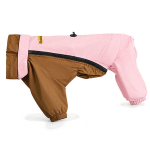 Convertible 4-leg waterproof dog raincoat in Pink / Brown with zipper closure and elastic leg cuffs