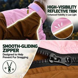 Fleece-lined convertible 4-leg dog raincoat in Pink / Brown with zipper closure and elastic leg cuffs