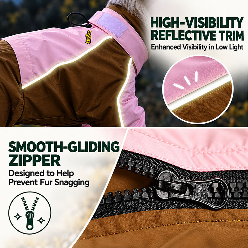 Fleece-lined convertible 4-leg dog raincoat in Pink / Brown with zipper closure and elastic leg cuffs