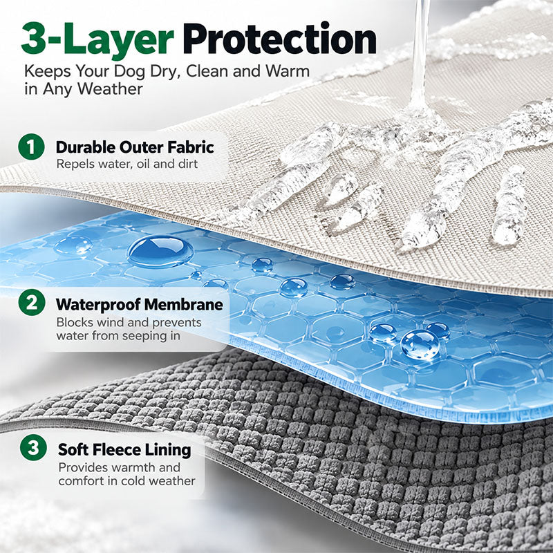 Three-layer fabric diagram of the dog raincoat: water-repellent outer fabric, waterproof membrane, and soft fleece lining