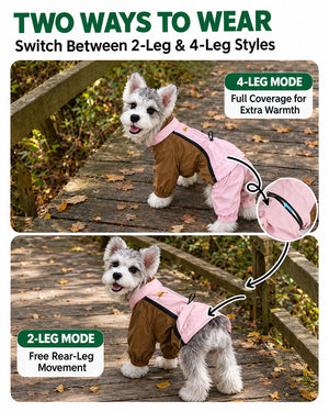 Dog raincoat shown in 4-leg mode and 2-leg mode with the detachable rear-leg section removed