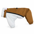 Fleece-lined convertible 4-leg dog raincoat in Brown / Ice Blue with zipper closure and elastic leg cuffs